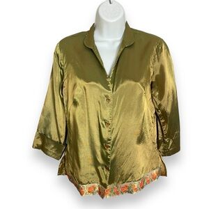 Vintage‎ Y2K Anxiety Blouse Iridescent Green Orange Ribbon Hem Button-Up Shirt